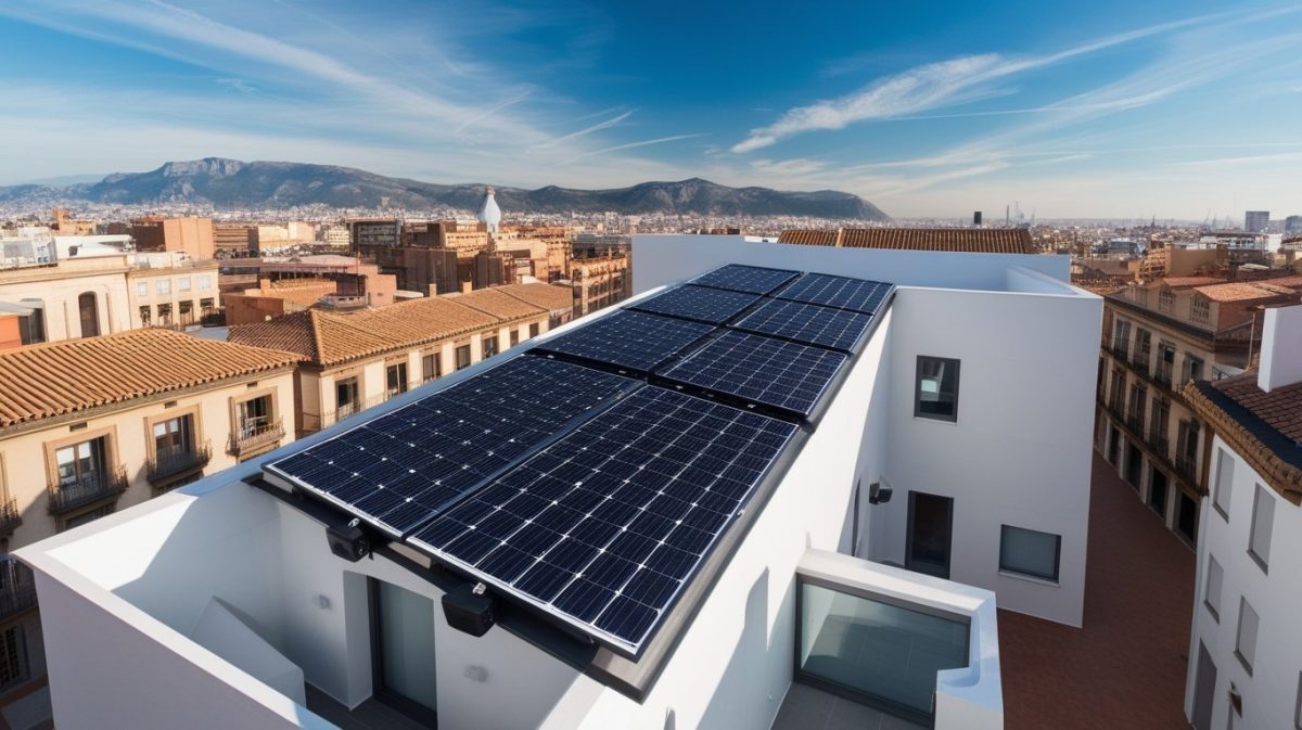 Instalación de placas solares en la azotea de una comunidad de vecinos en Cataluña