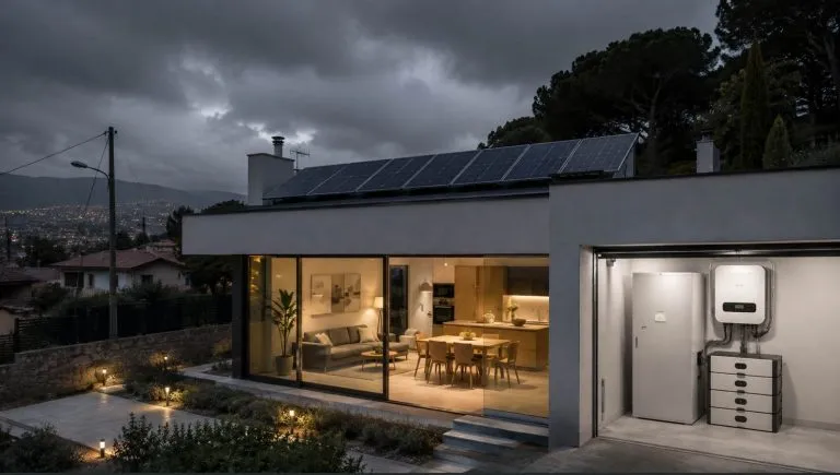 Vivienda con placas solares y sistema de batería preparado para suministrar energía durante un corte de luz