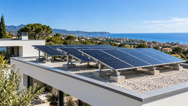 Paneles solares bifaciales instalados sobre la cubierta plana de una vivienda moderna en Cataluña.