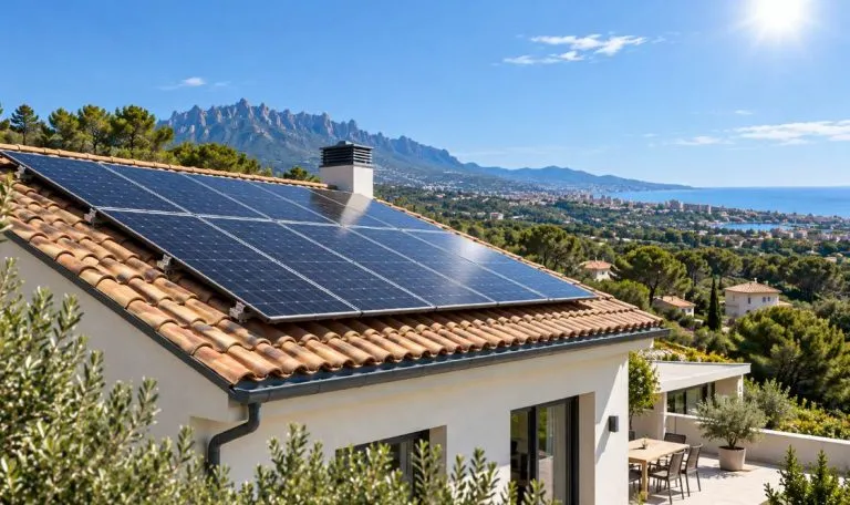 Placas solares instaladas en una vivienda de Cataluña durante un día soleado de verano.