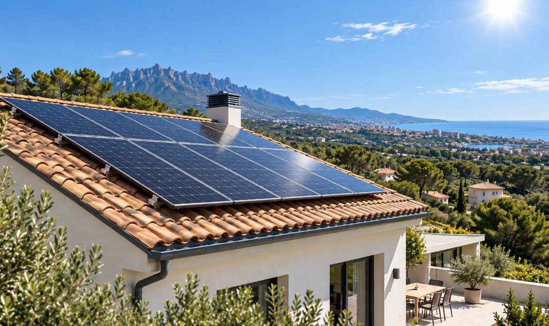 Placas solares instaladas en una vivienda de Cataluña durante un día soleado de verano.
