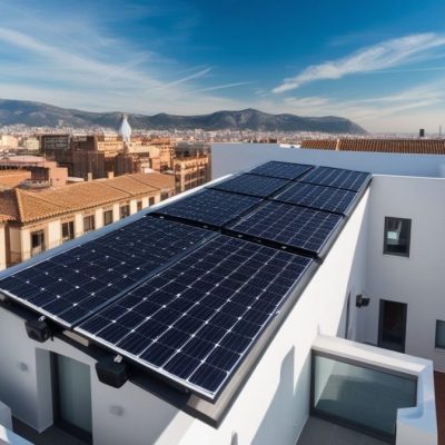 Instalación de placas solares en la azotea de una comunidad de vecinos en Cataluña